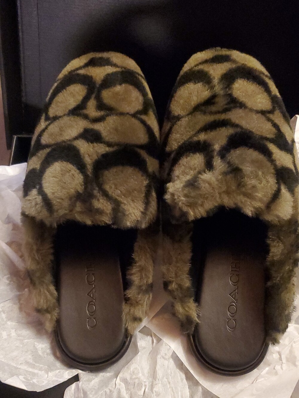 Coach Plush Signature Sherling Slippers in Olive and Black